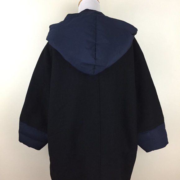 BASIC HOUSE Black Dark Blue Wool Blend Hoodie Duck Down Puffer Oversized Jacket - Picture 14 of 16